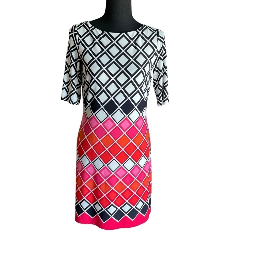 Eliza J Geometric Print Sheath Dress Pink Red Black White Size 4P